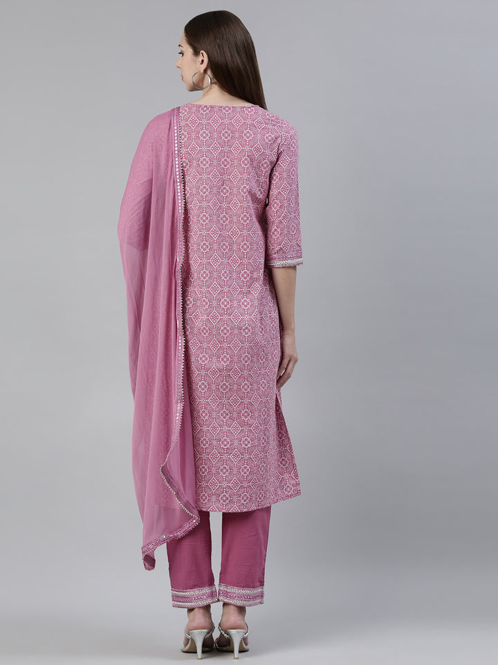 Neerus Purple cotton printed kurta set with trouser and dupatta - side view
