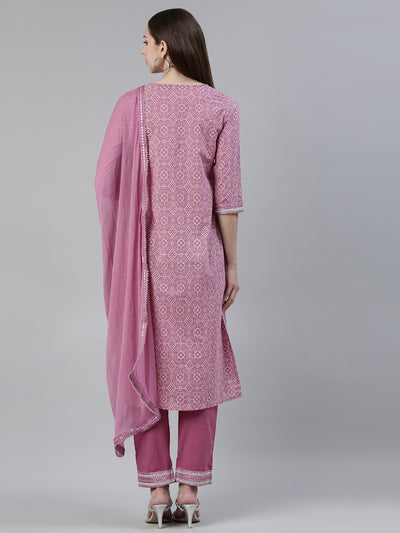 Neerus Lavender Regular Knee Length Printed Kurta Solid Trousers With Dupatta