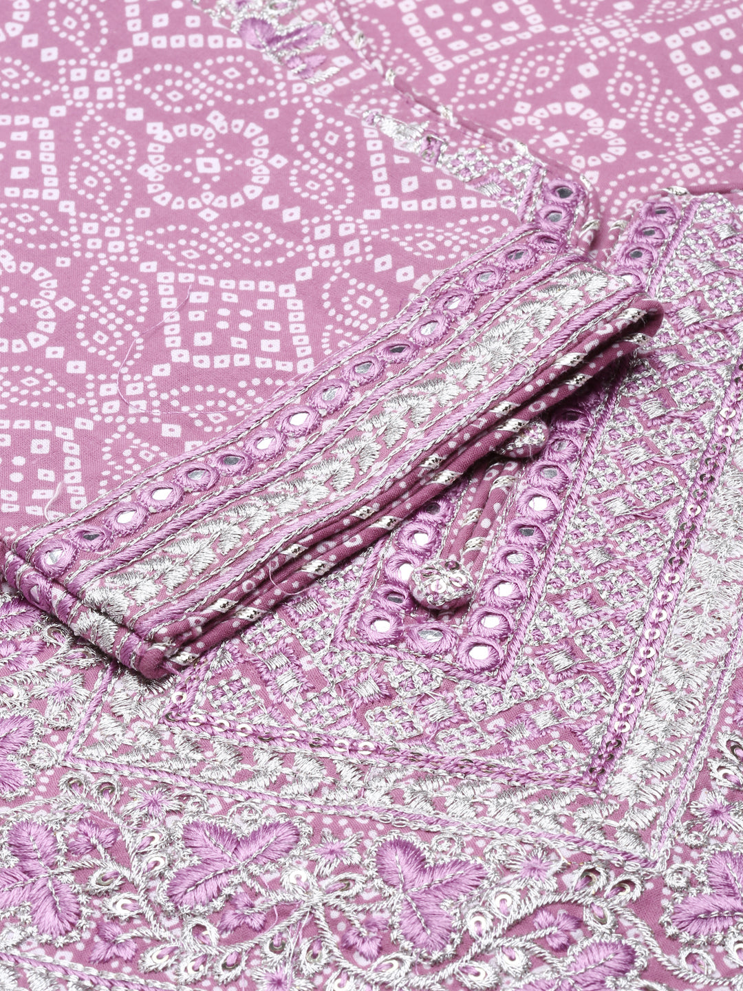 Neerus Purple cotton printed kurta set with trouser and dupatta - detail view 2
