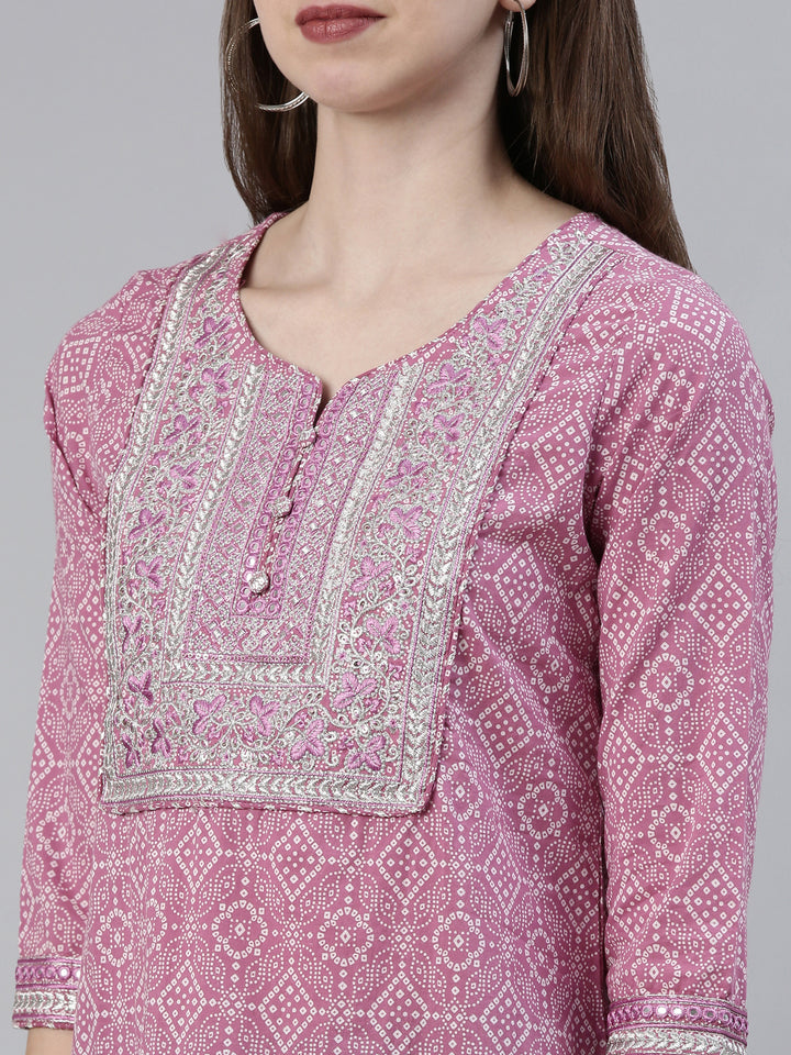 Neerus Purple cotton printed kurta set with trouser and dupatta - detail view 1