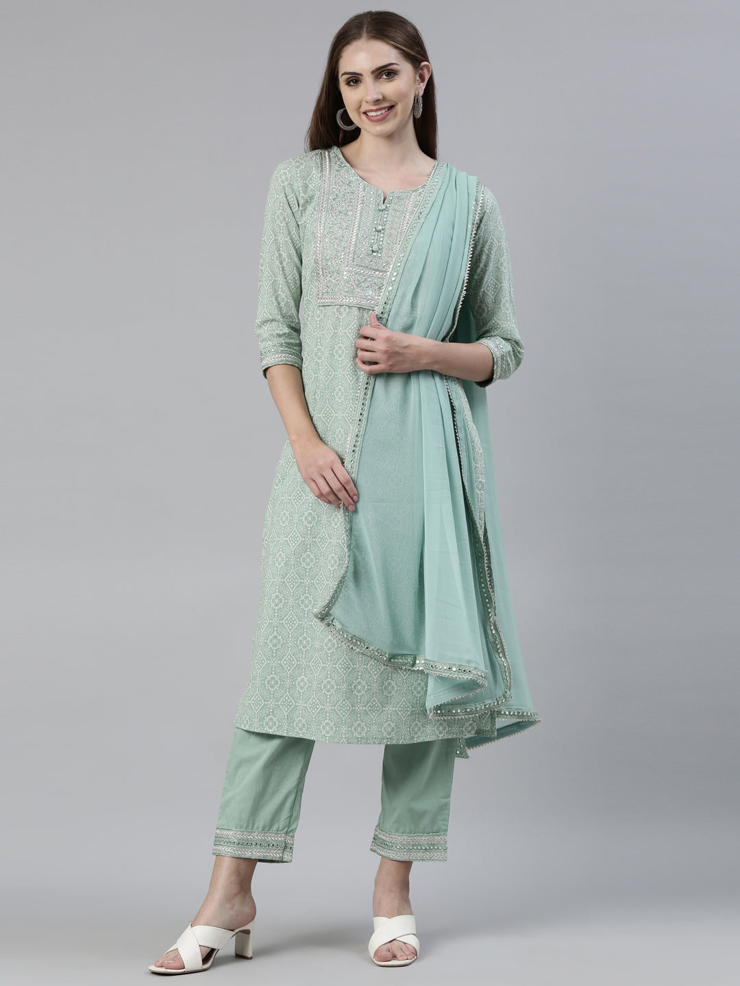 Neerus Green Regular Knee Length Printed Kurta Solid Trousers With Dupatta