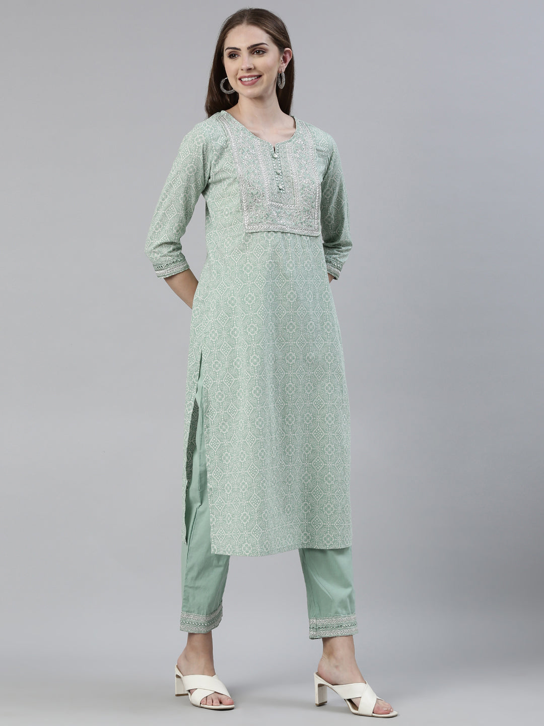 Neerus Green Regular Knee Length Printed Kurta Solid Trousers With Dupatta