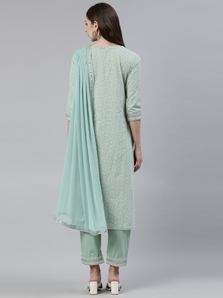 Neerus Green Regular Knee Length Printed Kurta Solid Trousers With Dupatta
