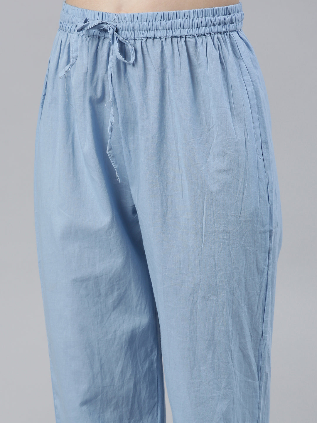 Neerus Blue Regular Knee Length Printed Kurta Solid Trousers With Dupatta