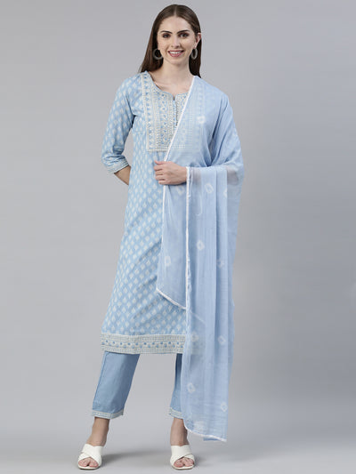 Neerus Blue Regular Knee Length Printed Kurta Solid Trousers With Dupatta