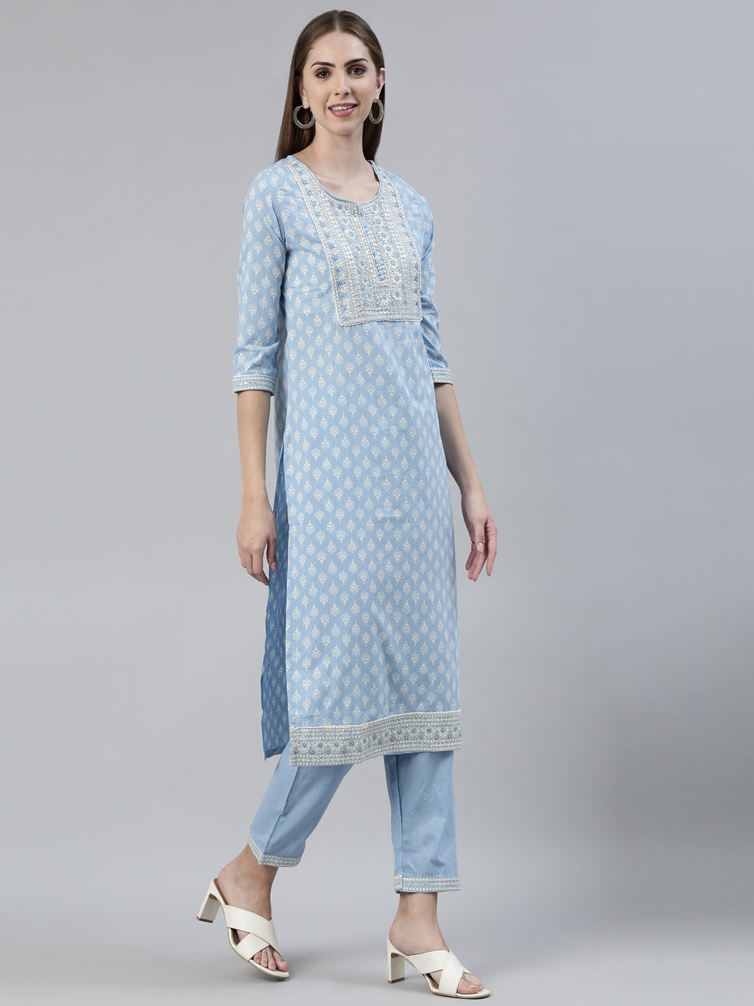 Neerus Blue Regular Knee Length Printed Kurta Solid Trousers With Dupatta