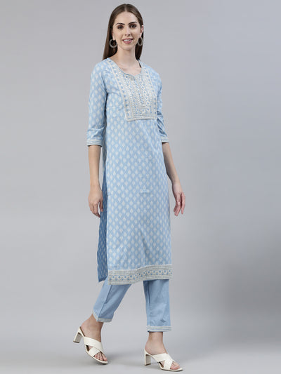Neerus Blue Regular Knee Length Printed Kurta Solid Trousers With Dupatta