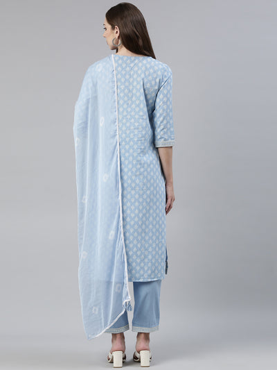 Neerus Blue Regular Knee Length Printed Kurta Solid Trousers With Dupatta