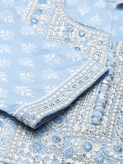 Neerus Blue Regular Knee Length Printed Kurta Solid Trousers With Dupatta