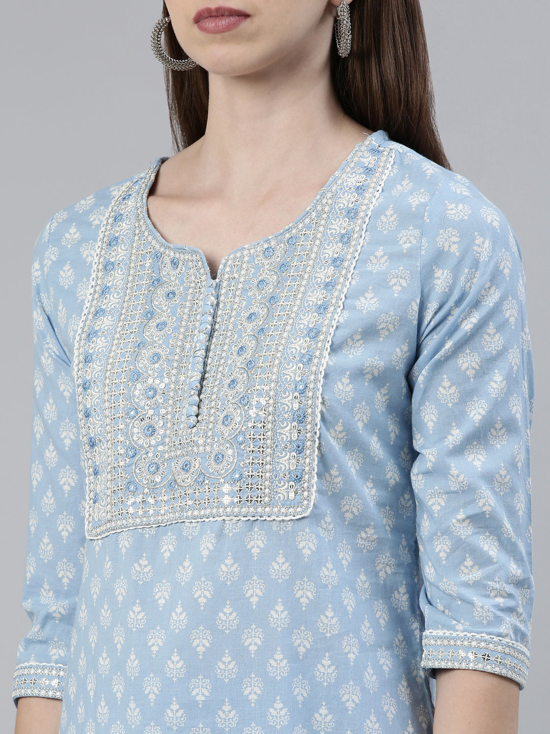 Neerus Blue Regular Knee Length Printed Kurta Solid Trousers With Dupatta