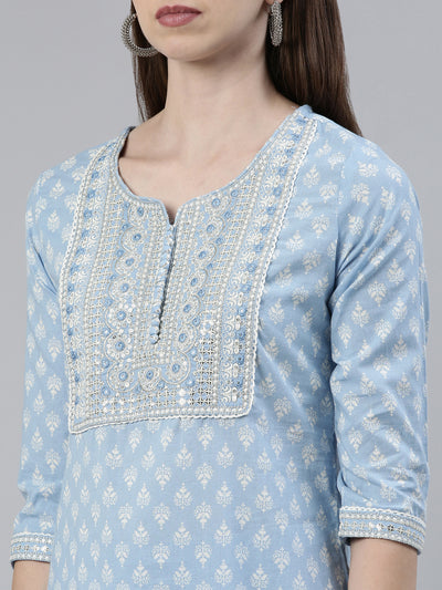 Neerus Blue Regular Knee Length Printed Kurta Solid Trousers With Dupatta