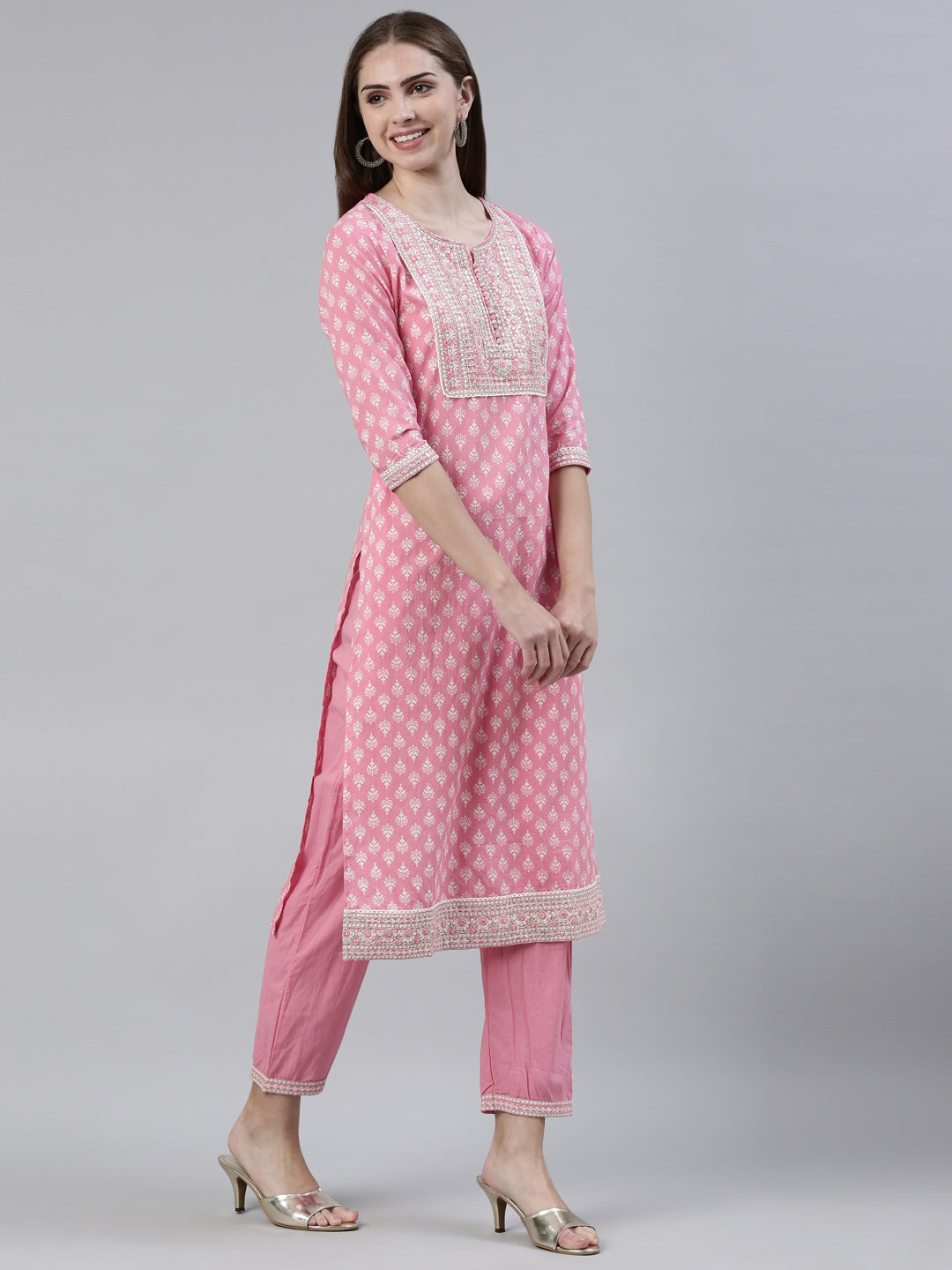 Neerus Pink Regular Knee Length Printed Kurta Solid Trousers With Dupatta