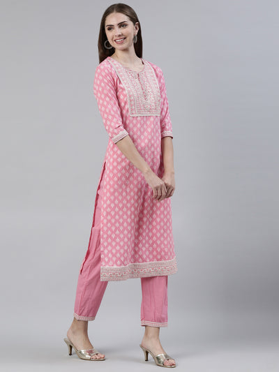 Neerus Pink Regular Knee Length Printed Kurta Solid Trousers With Dupatta