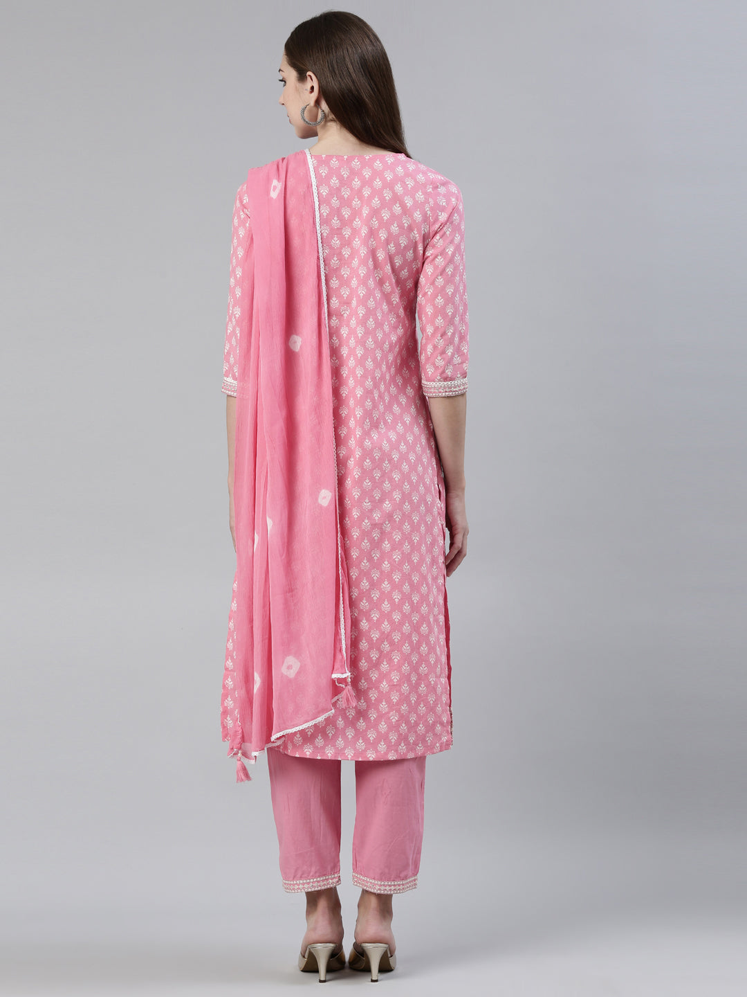 Neerus Pink cotton printed kurta set with trousers and dupatta - side view