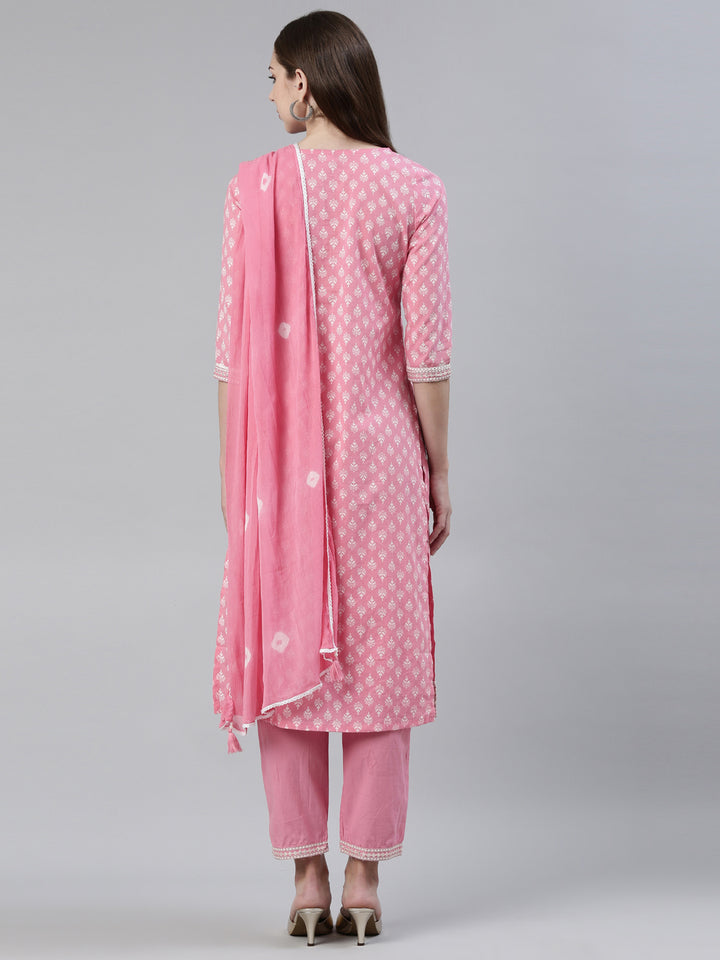 Neerus Pink cotton printed kurta set with trousers and dupatta - side view