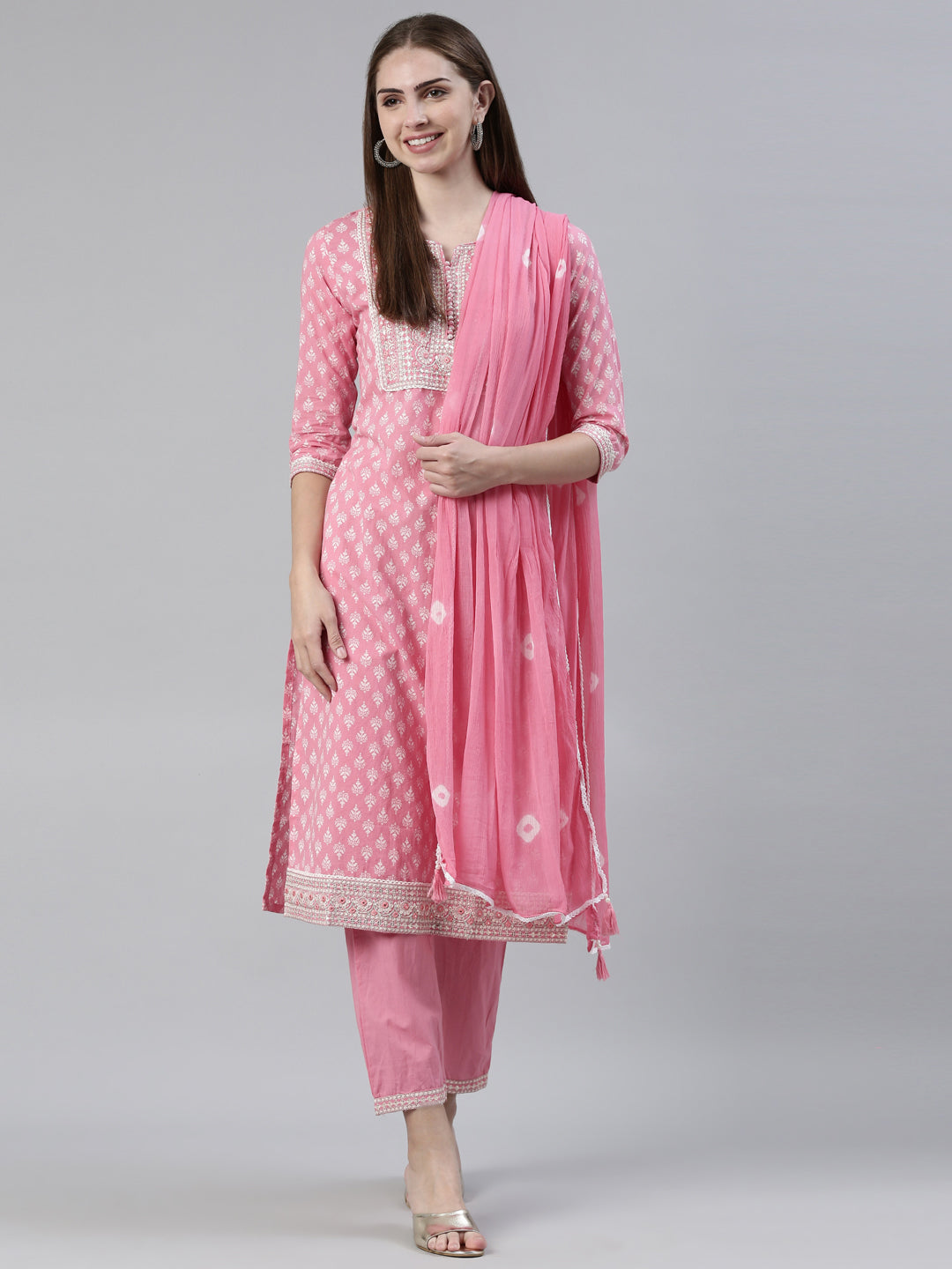 Neerus Pink cotton printed kurta set with trousers and dupatta - front view