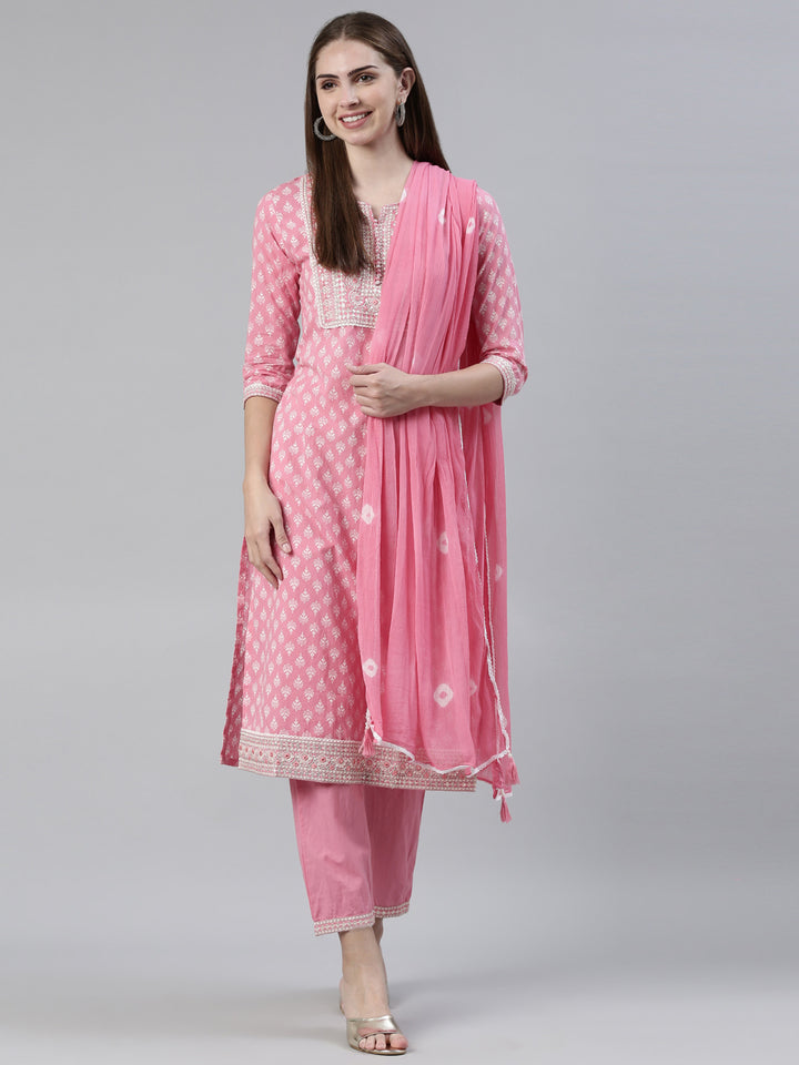 Neerus Pink cotton printed kurta set with trousers and dupatta - front view