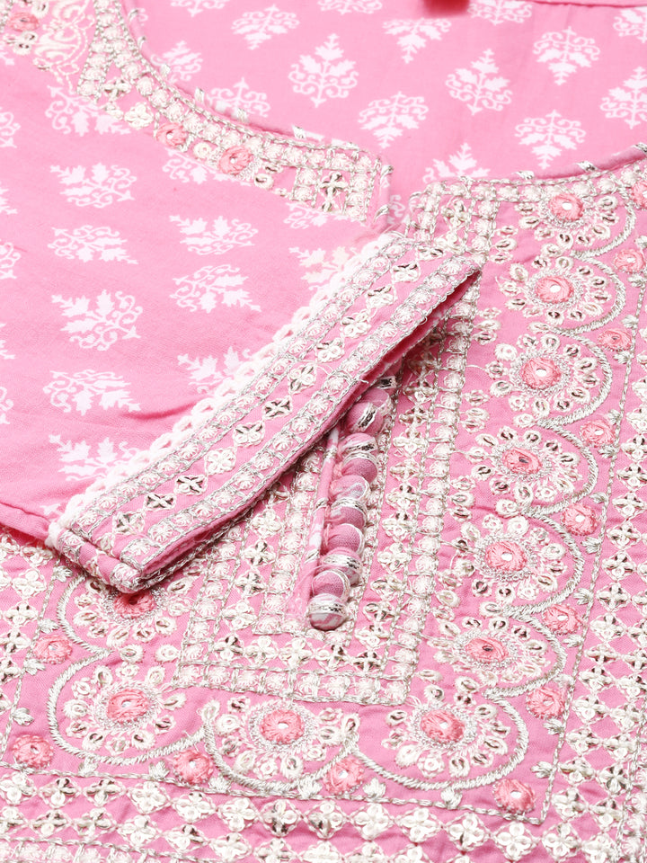 Neerus Pink cotton printed kurta set with trousers and dupatta - detail view 2