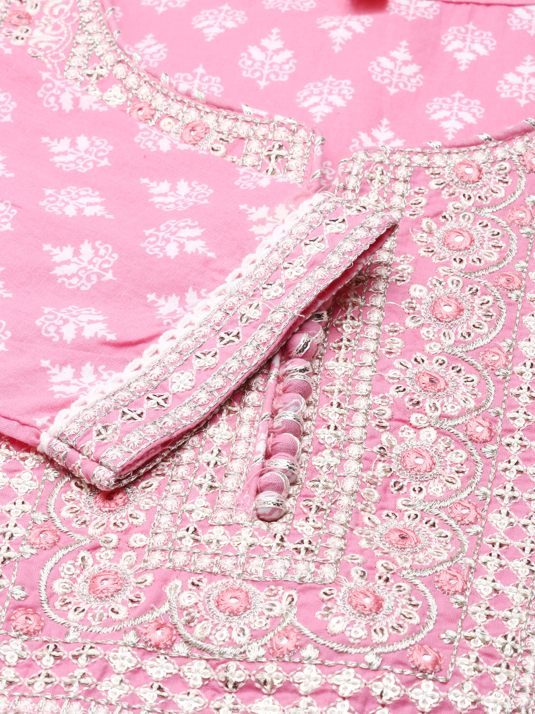 Neerus Pink Regular Knee Length Printed Kurta Solid Trousers With Dupatta