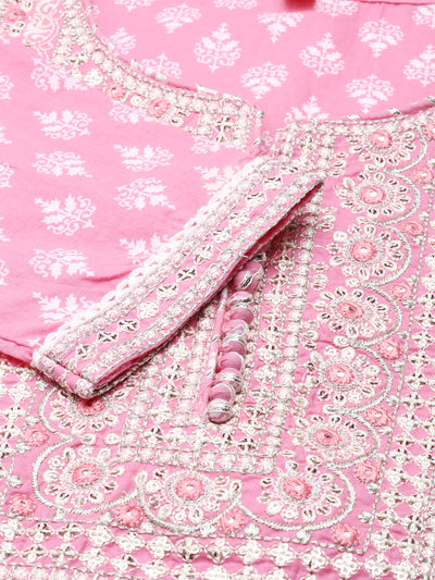 Neerus Pink Regular Knee Length Printed Kurta Solid Trousers With Dupatta