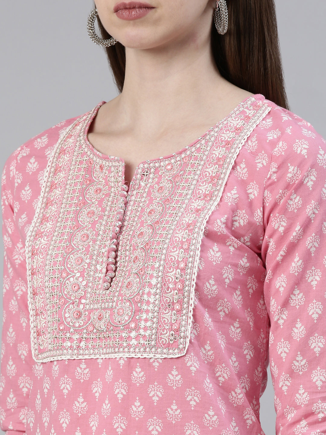 Neerus Pink cotton printed kurta set with trousers and dupatta - detail view 1