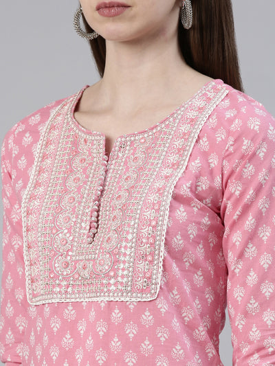 Neerus Pink Regular Knee Length Printed Kurta Solid Trousers With Dupatta
