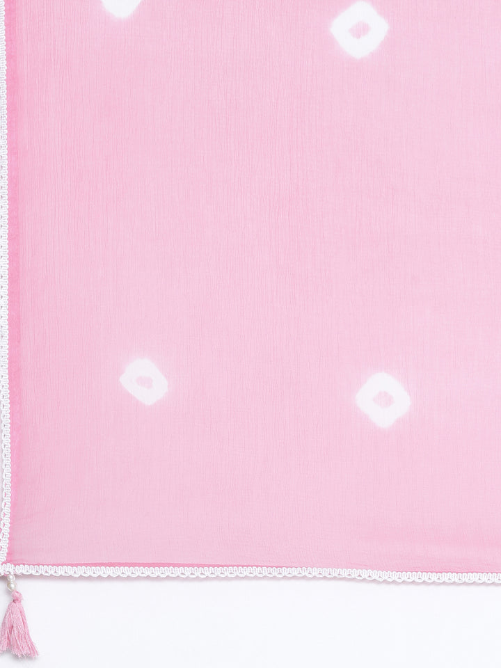 Neerus Pink cotton printed kurta set with trousers and dupatta - detail view 4