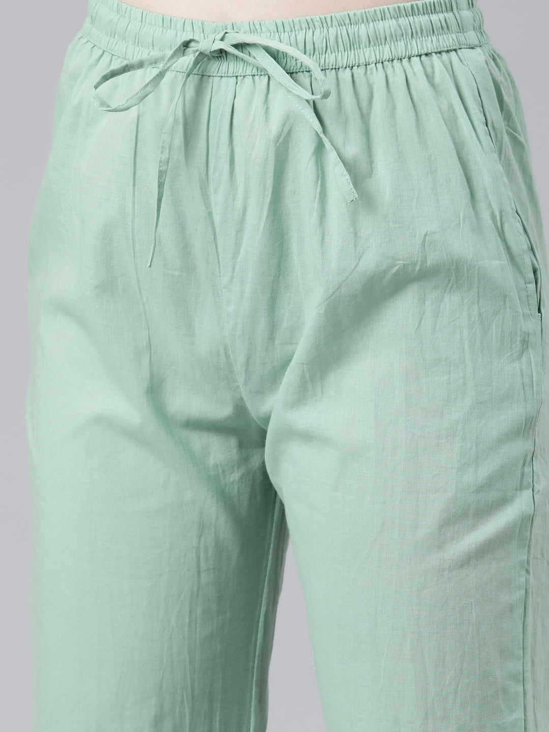Neeru's Green Regular Knee Length Printed Kurta Solid Trousers With Dupatta