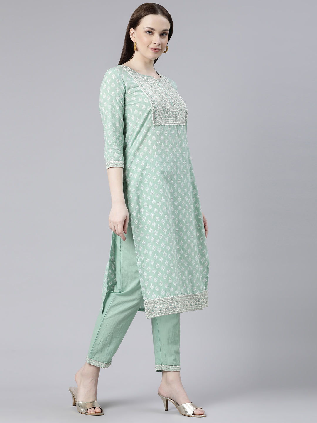 Neerus Green Regular Knee Length Printed Kurta Solid Trousers With Dupatta