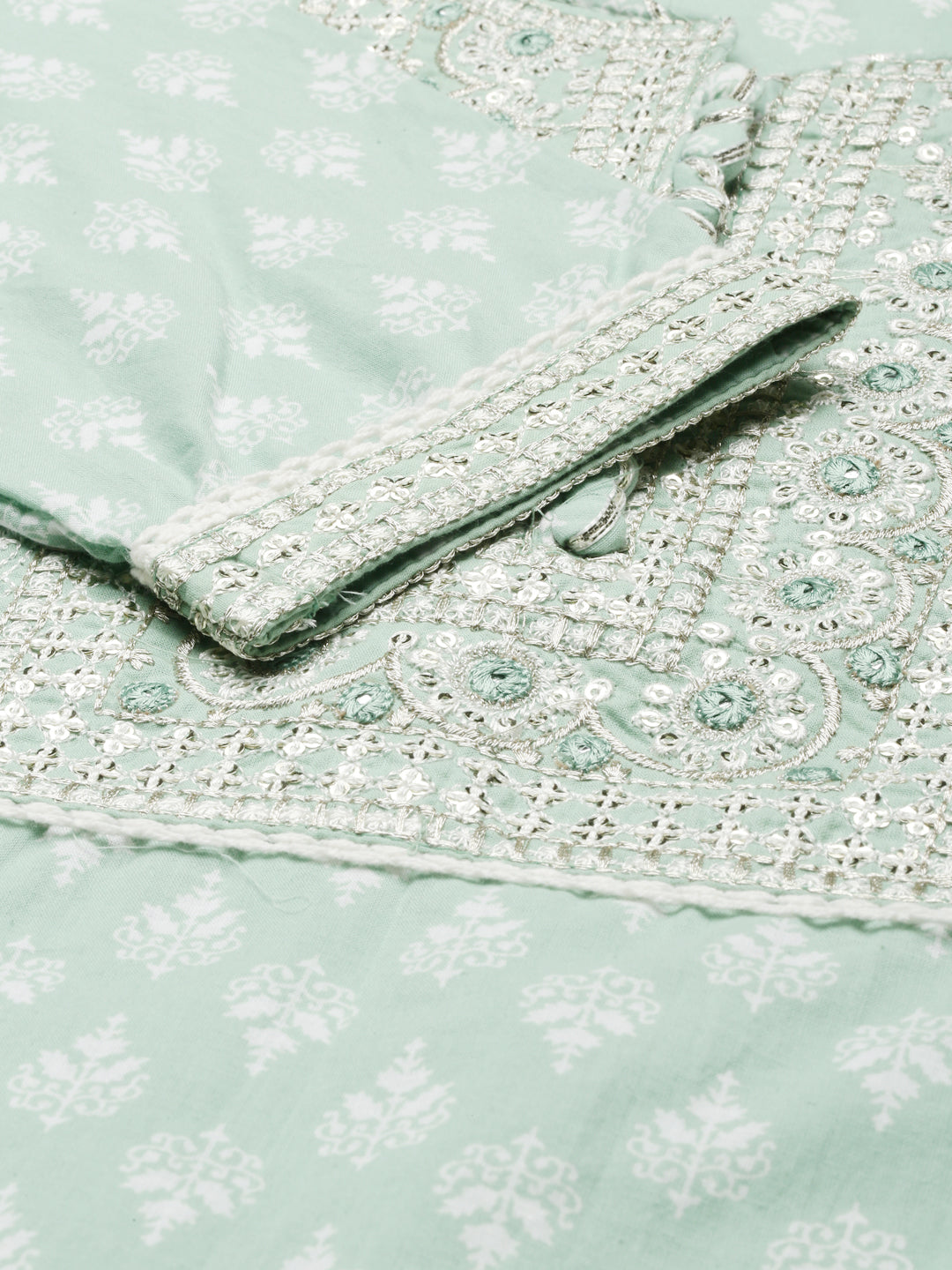 Neerus Green printed kurta set with trouser and dupatta - detail view 2