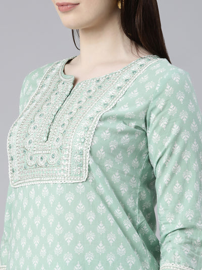 Neerus Green Regular Knee Length Printed Kurta Solid Trousers With Dupatta