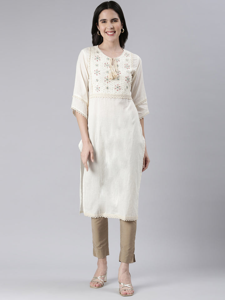 Neerus Beige cotton solid straight kurti - front view