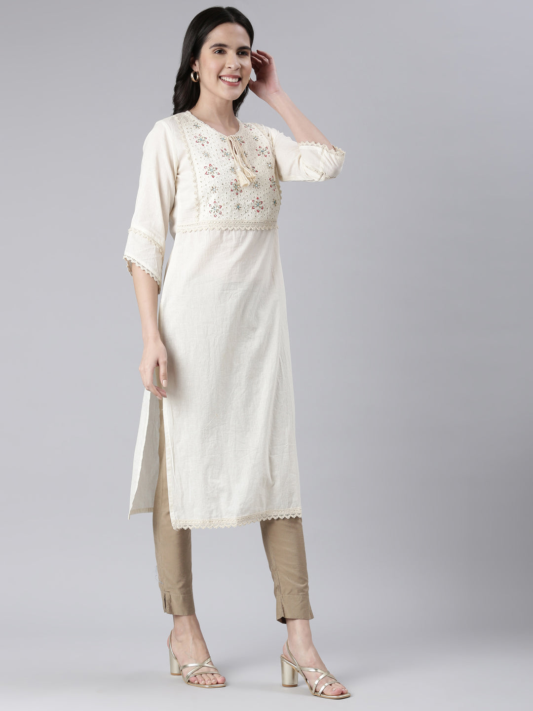 Neerus Beige cotton solid straight kurti - back view