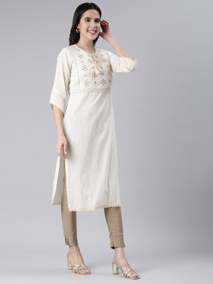 Neerus Beige cotton solid straight kurti - back view