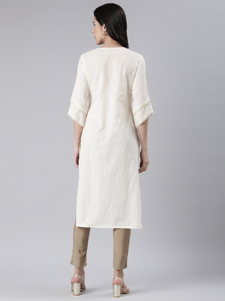 Neerus Beige cotton solid straight kurti - side view