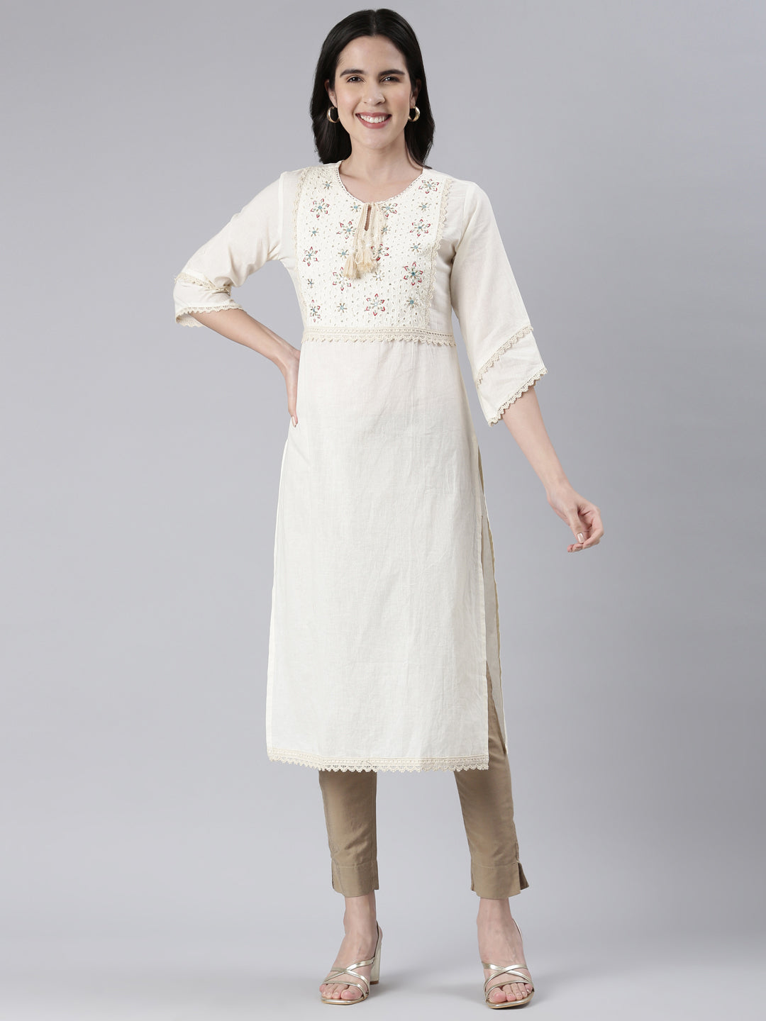 Neerus Beige cotton solid straight kurti - detail view 2