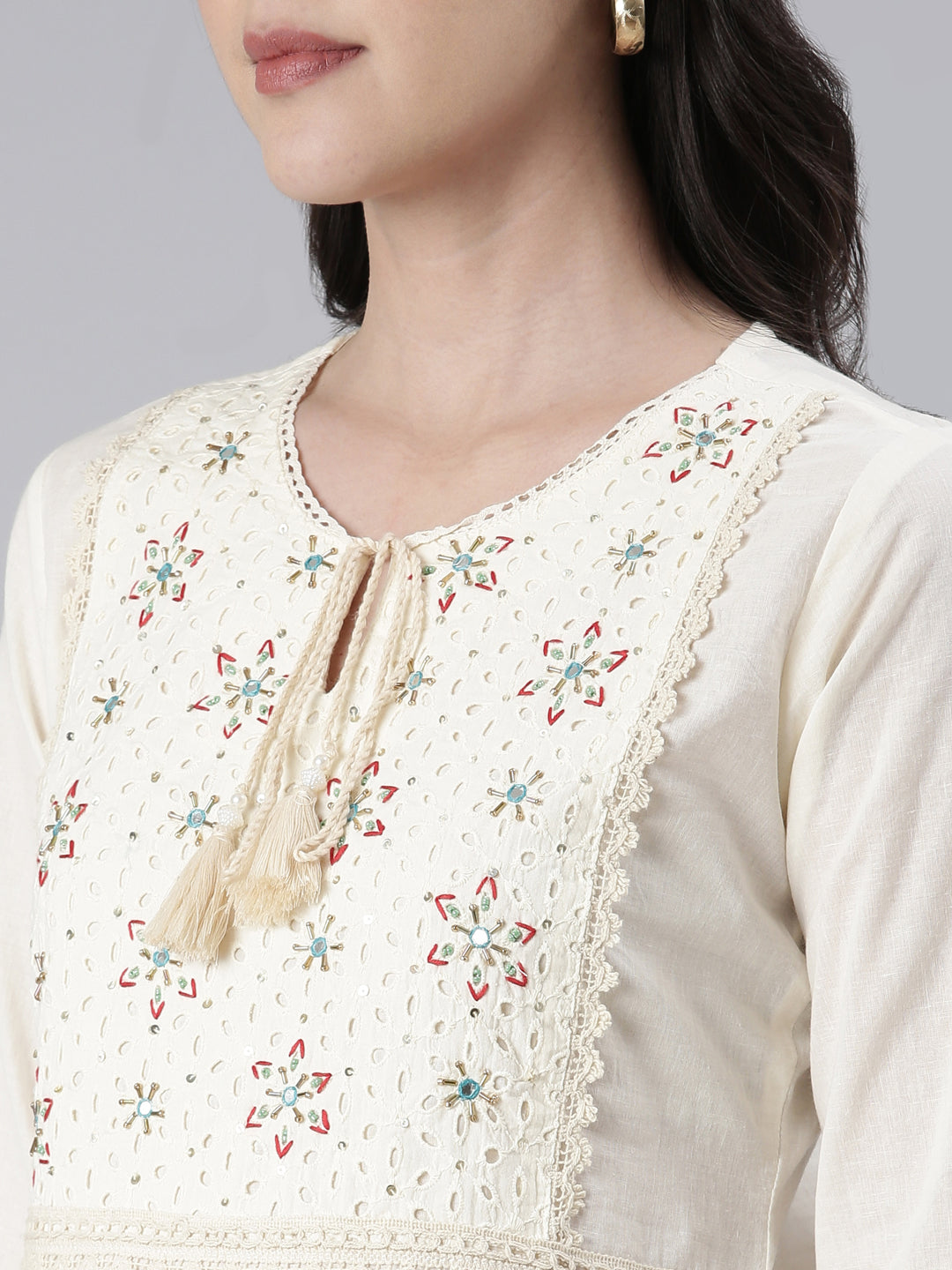 Neerus Beige cotton solid straight kurti - detail view 1