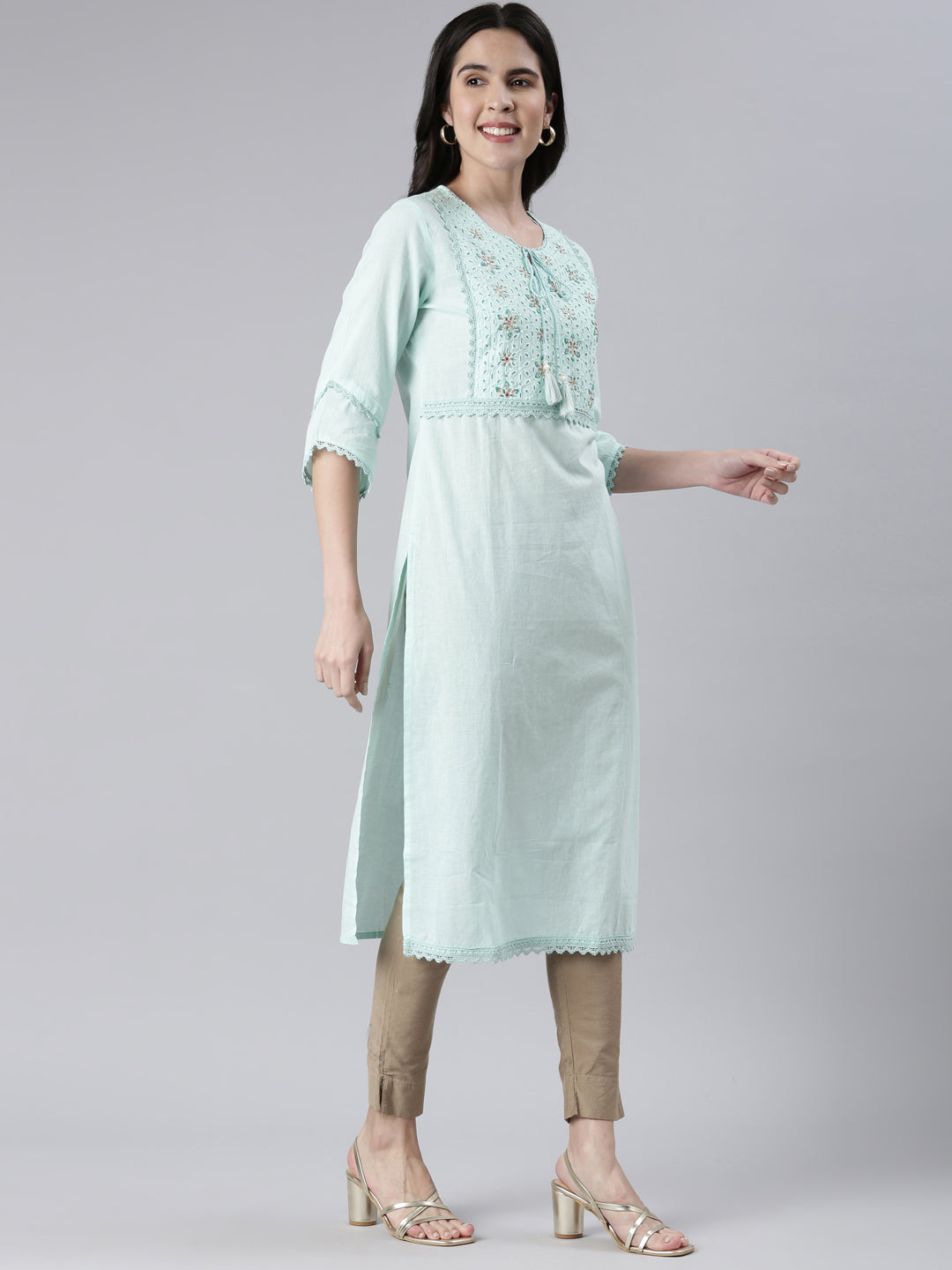 Neerus Sea Green Straight Solid Cotton Kurtas