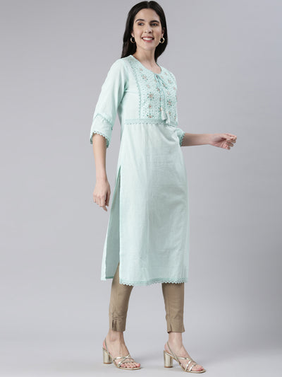 Neerus Sea Green Straight Solid Cotton Kurtas