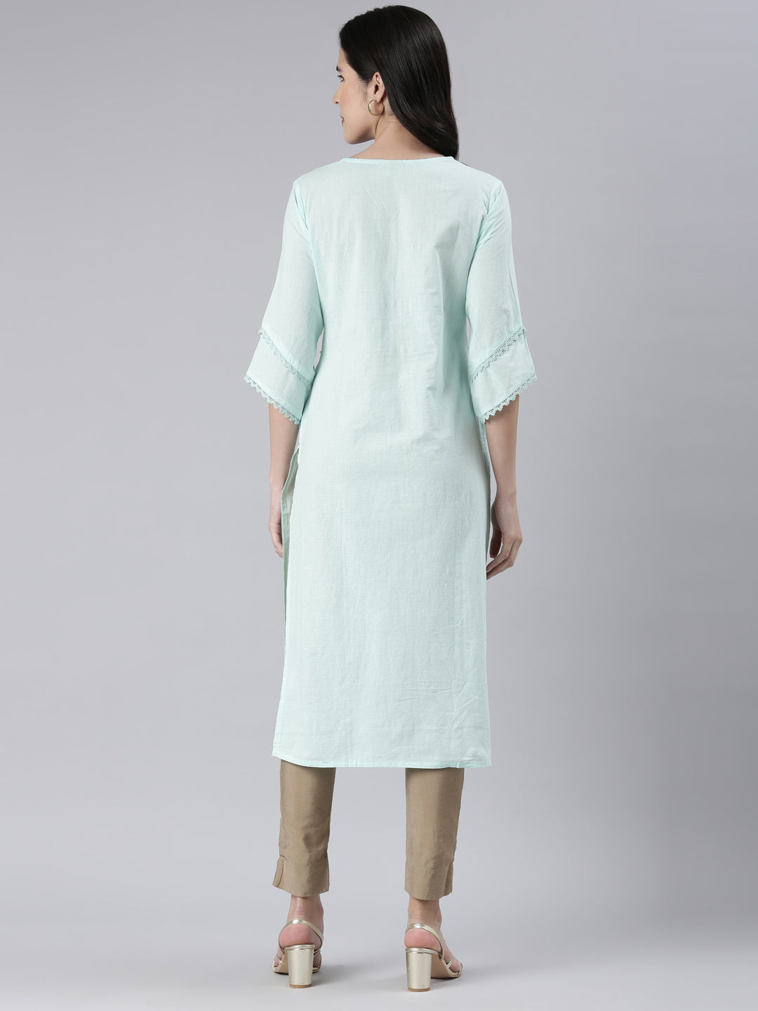 Neerus Sea Green Straight Solid Cotton Kurtas