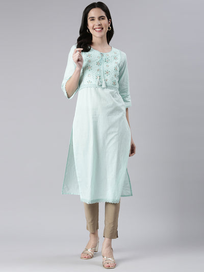 Neerus Sea Green Straight Solid Cotton Kurtas