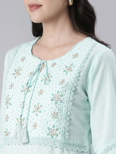 Neerus Sea Green Straight Solid Cotton Kurtas