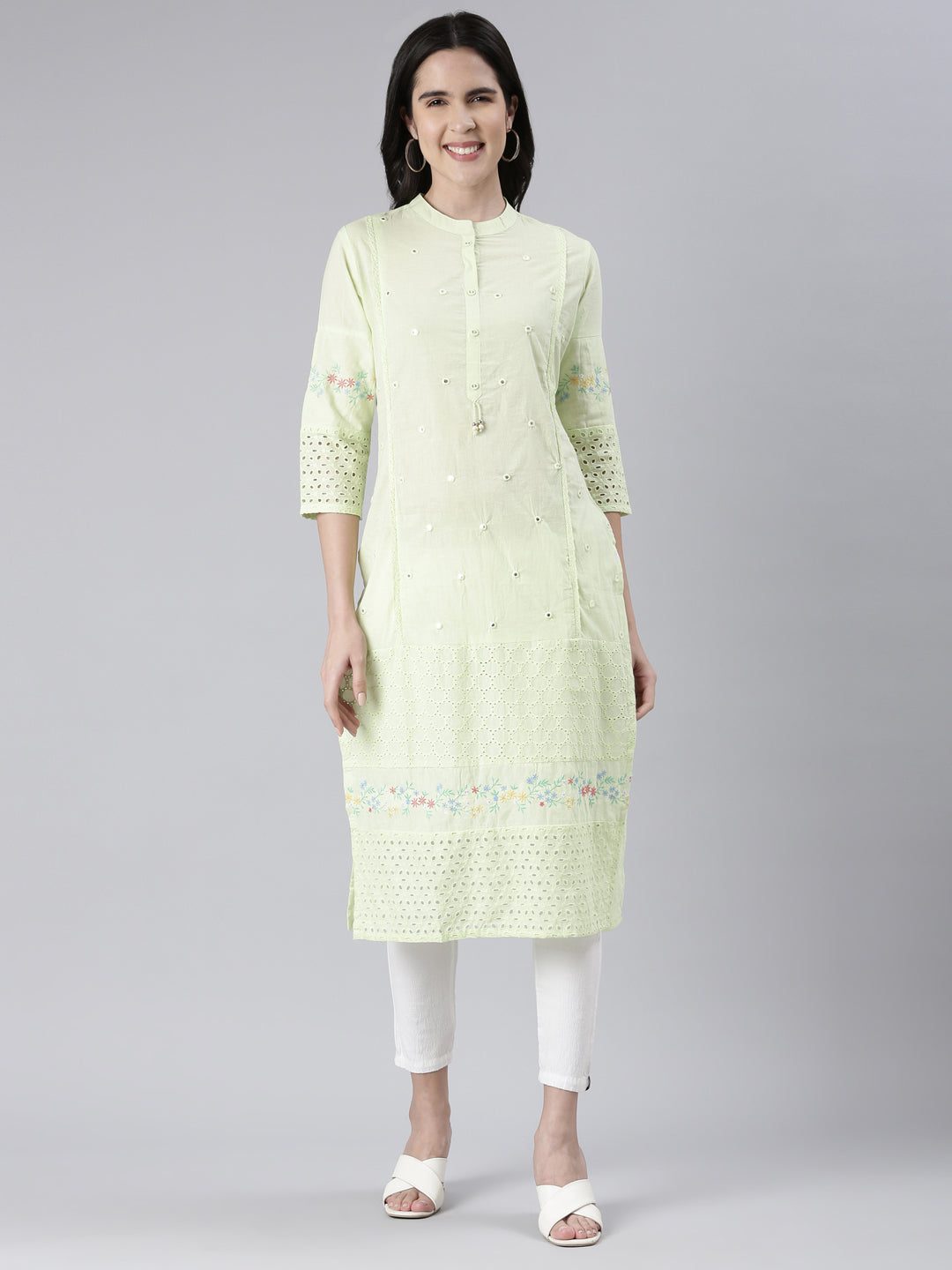 Neerus Light Green Straight Solid Cotton Kurtas