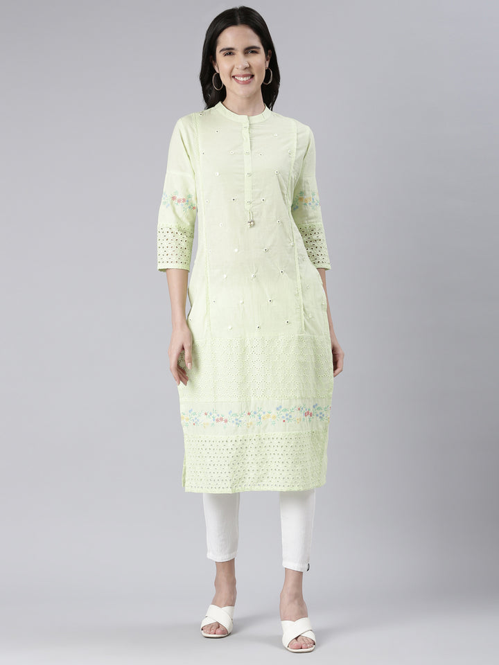 Neerus Light Green Straight Solid Cotton Kurtas