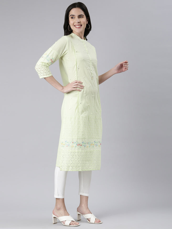 Neerus Light Green Straight Solid Cotton Kurtas