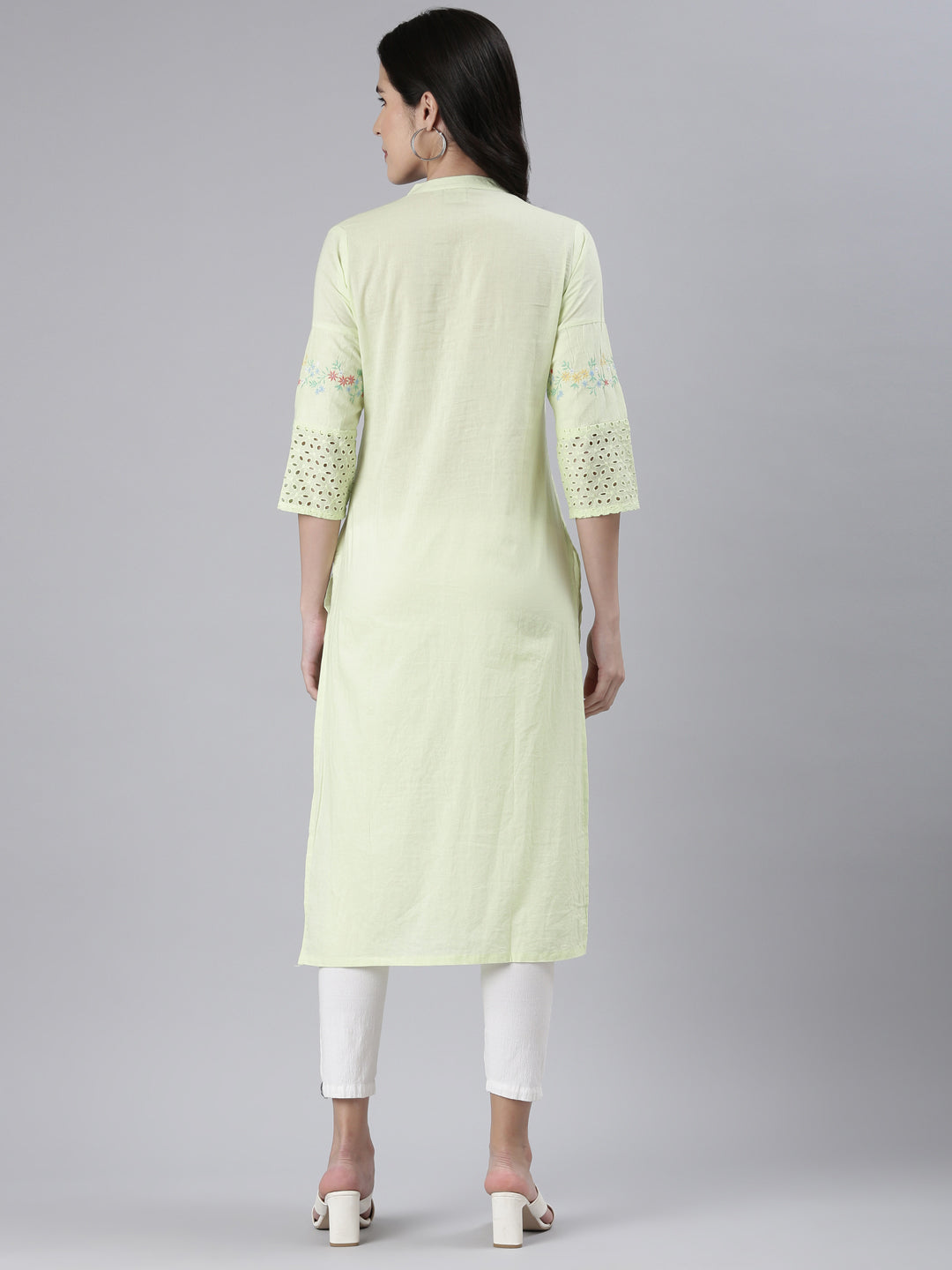 Neerus Light Green Straight Solid Cotton Kurtas