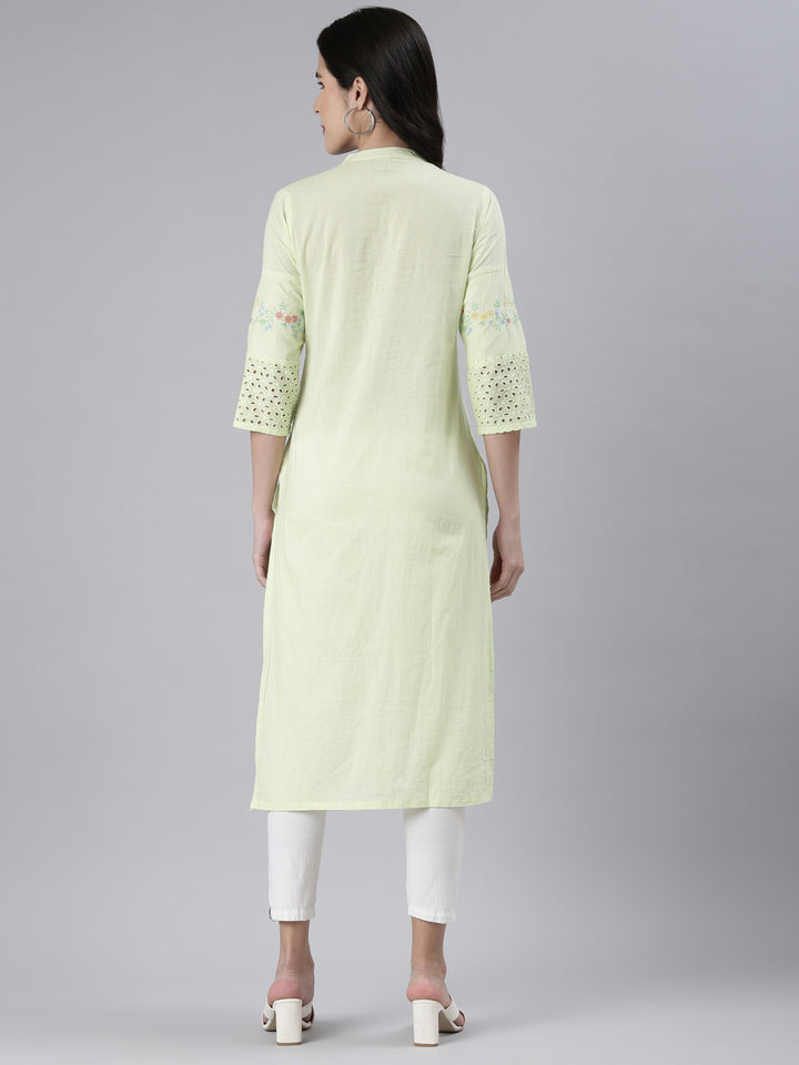 Neerus Light Green Straight Solid Cotton Kurtas
