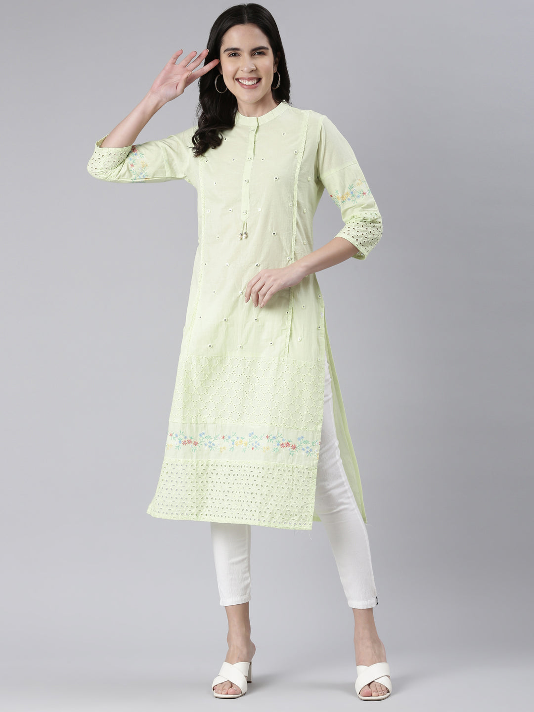 Neerus Light Green Straight Solid Cotton Kurtas