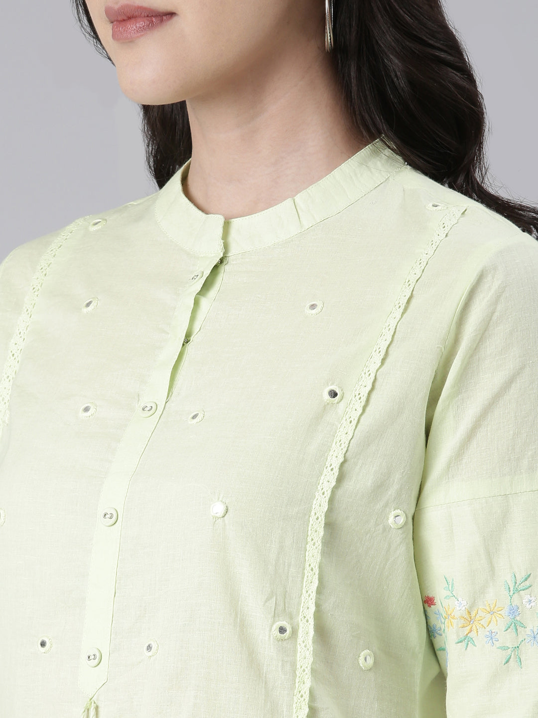 Neerus Light Green Straight Solid Cotton Kurtas