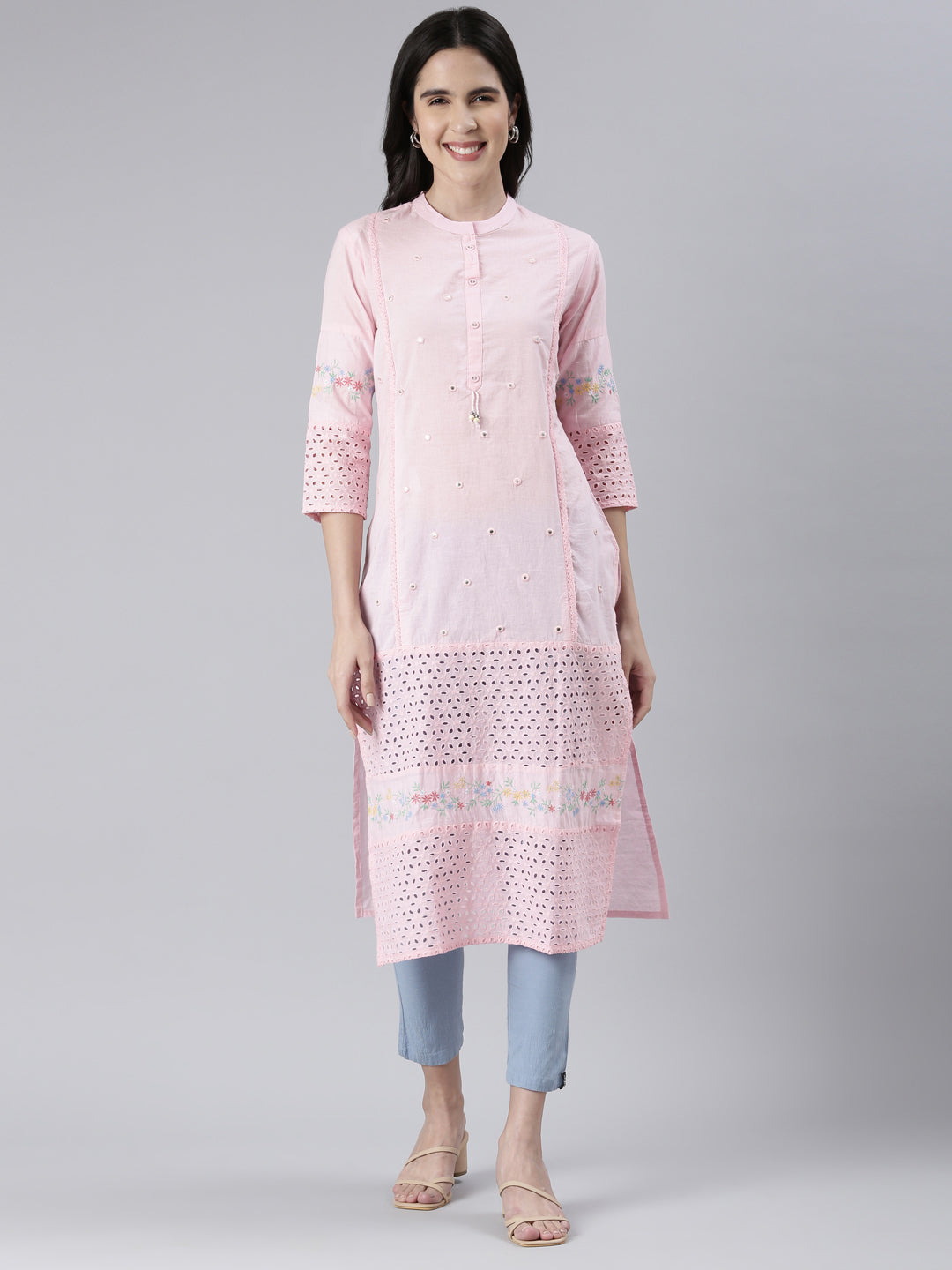 Neerus Pink cotton solid straight kurta - front view
